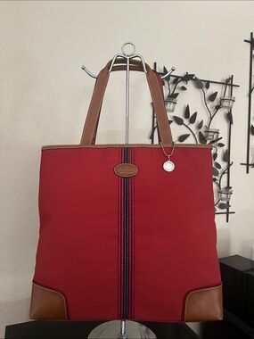 Coach Red Tote with Brown Leather Trim and Center Stripe
